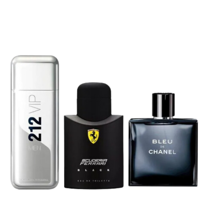 Combo de 3 Perfumes Masculinos – Ferrari Black, Bleu de Chanel e 212 VIP Man 100ml